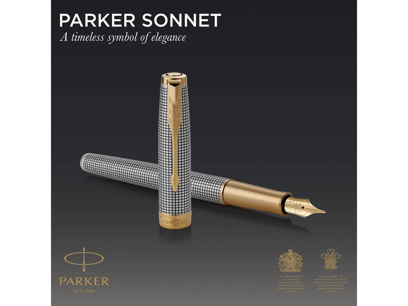 Parker Sonnet Füller | Chiselled Silver mit Goldzierteilen | Füllfederhalter mit 18K-Gold-Feder (F) | Geschenkbox