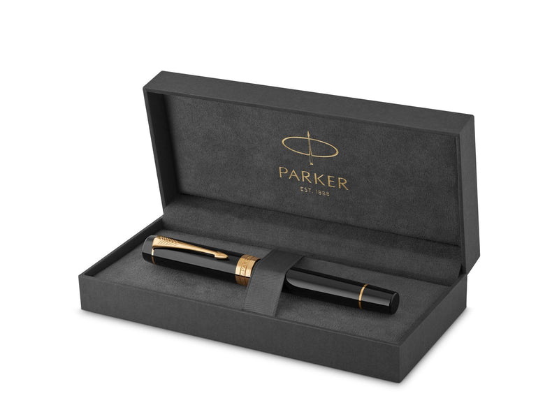 Parker Duofold Classic Füller | Schwarz mit goldbeschichteten Zierteilen | Größe Centennial | Füllfederhalter mit feiner Feder a