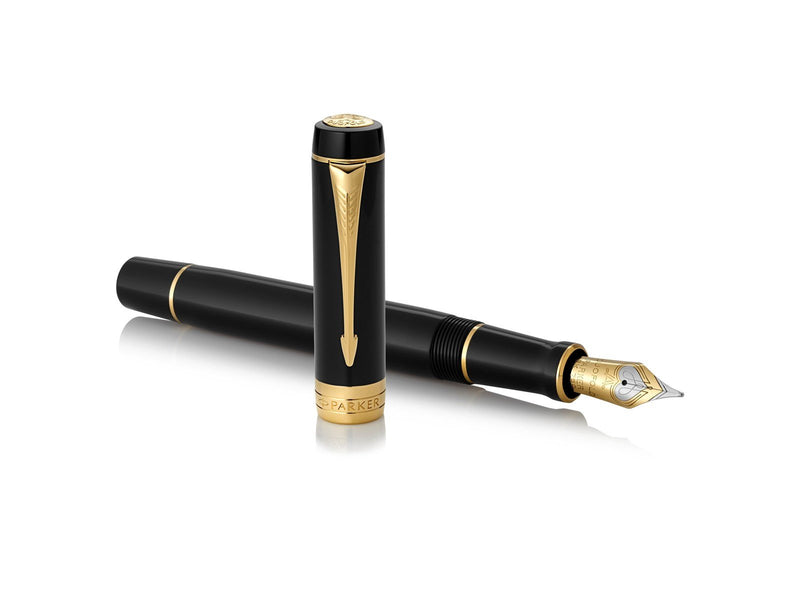 Parker Duofold Classic Füller | Schwarz mit goldbeschichteten Zierteilen | Größe Centennial | Füllfederhalter mit feiner Feder a