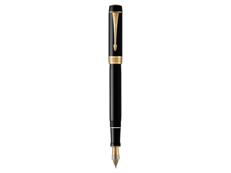 Parker Duofold Classic Füller | Schwarz mit goldbeschichteten Zierteilen | Größe Centennial | Füllfederhalter mit feiner Feder a