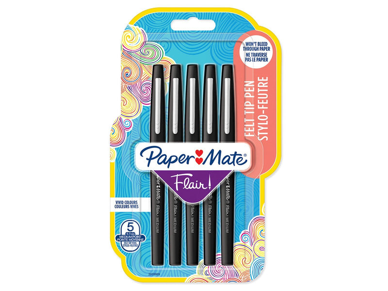 Paper Mate Flair Filzstifte | mittlere Spitze (0,7 mm) | Schwarz | 5 Stück