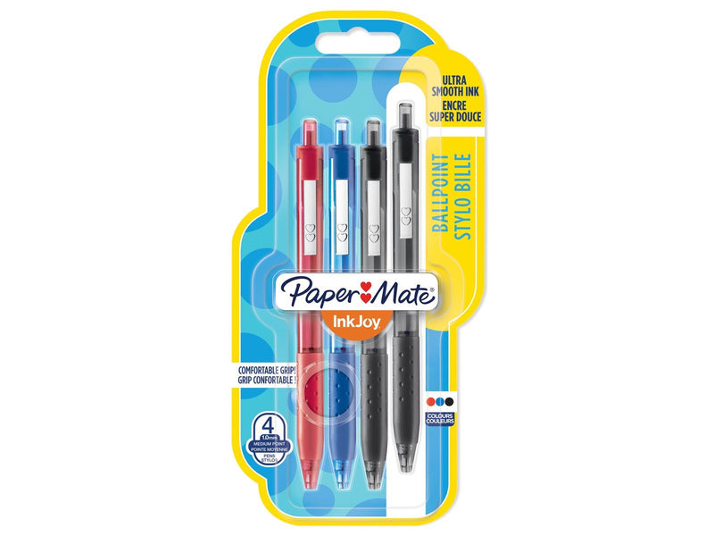 Paper Mate InkJoy 300RT Druckkugelschreiber | mittlere Spitze (1,0 mm) | Schwarze, blaue & rote Tinte | 4 Stück
