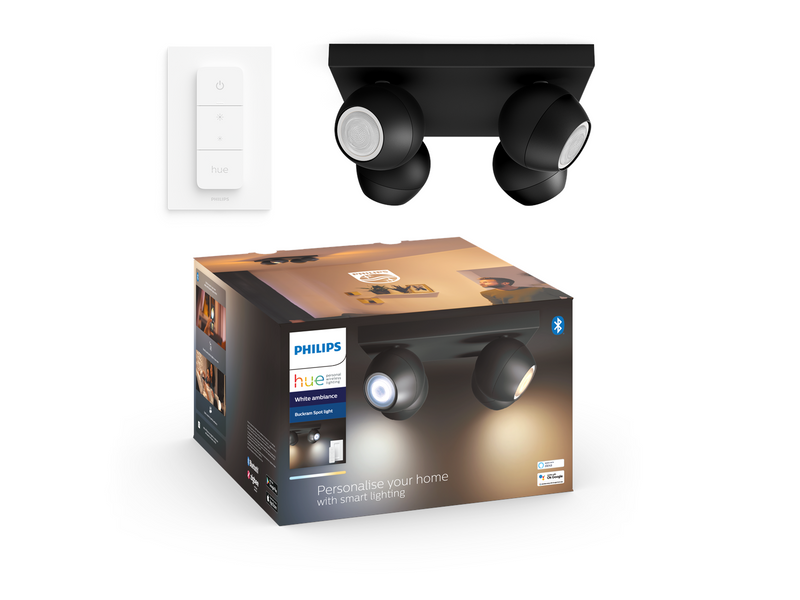 Philips Hue Buckram Quadruple Spotlight - Black - With Dimmer Switch