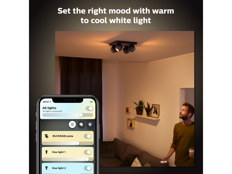 Philips Hue Buckram Quadruple Spotlight - Black - With Dimmer Switch