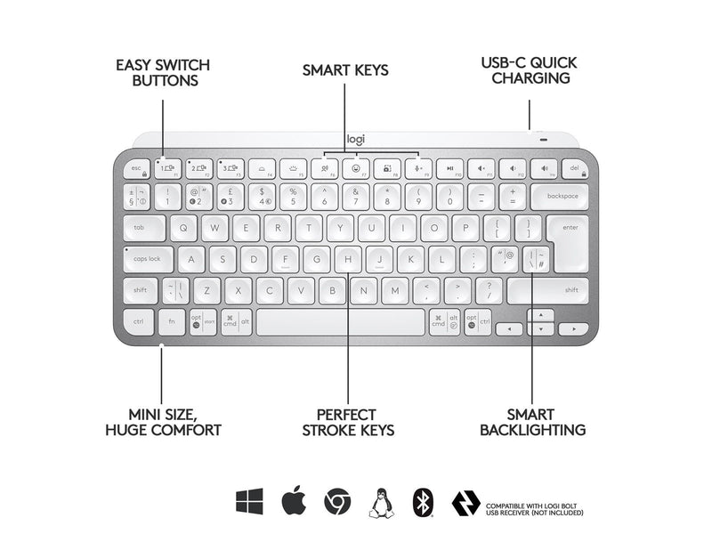 Logitech MX Keys Mini Minimalist Wireless Illuminated Keyboard - Pale Grey - US - Tastaturen - Englisch - US - Grau