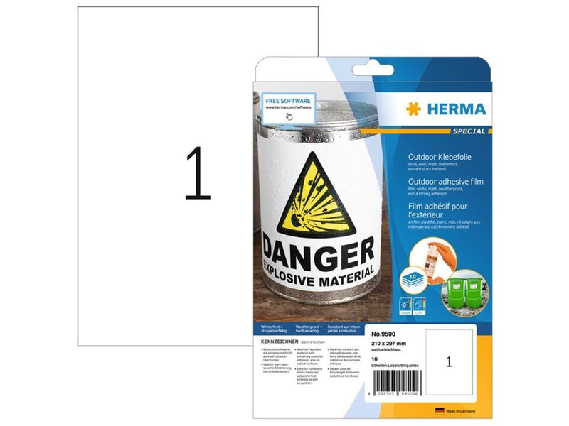 HERMA Wetterfeste Outdoor-Folienetiketten A4, 210 x 297 mm, weiß, extrem stark haftend, dehnfähig
