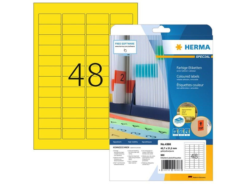 HERMA Farbige Etiketten A4, 45,7 x 21,2 mm, gelb, ablösbar