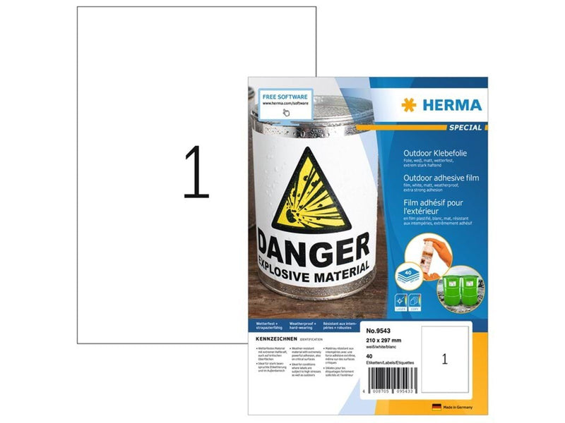 HERMA Wetterfeste Outdoor-Folienetiketten A4, 210 x 297 mm, weiß, extrem stark haftend, dehnfähig