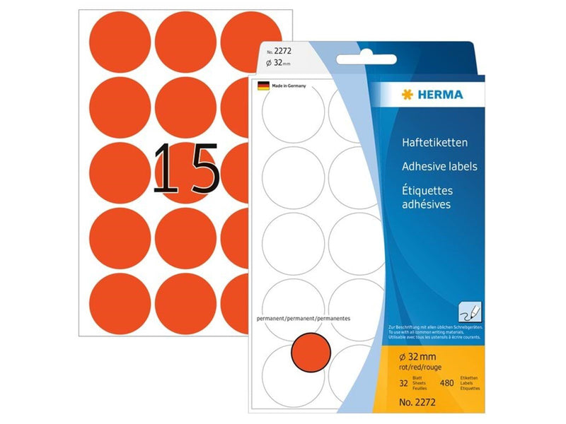 HERMA Vielzwecketiketten/Farbpunkte Ø 32 mm, rund, rot, permanent haftend, zur Handbeschriftung