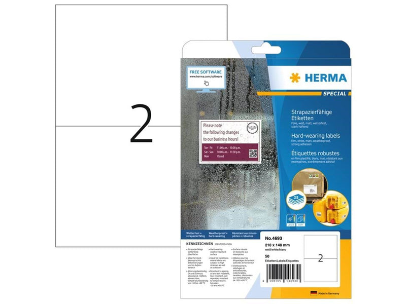 HERMA Wetterfeste Folienetiketten A4, 210 x 148 mm, weiß, extrem stark haftend