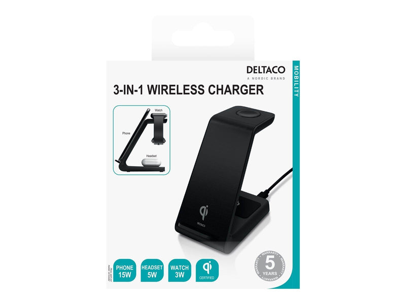Deltaco 3-in-1 wireless charger stand 15 W 5 W