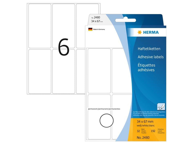 HERMA Vielzwecketiketten 34 x 67 mm, weiß, permanent haftend, zur Handbeschriftung
