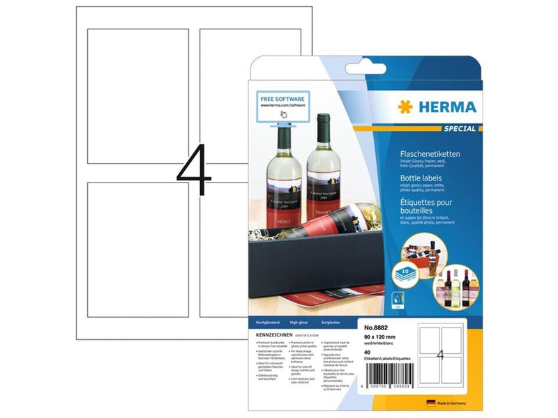 HERMA Flaschenetiketten, Inkjet, A4, 90 x 120 mm, aus Glossy-Papier, weiß, permanent haftend