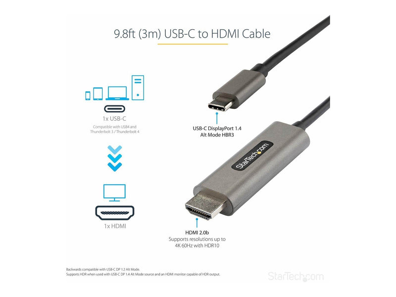 StarTech.com USB C to HDMI Cable 4K 60Hz with HDR10 Ultra HD USB Type-C to 4K HDMI 2.0b Video Adapter Cable 3m