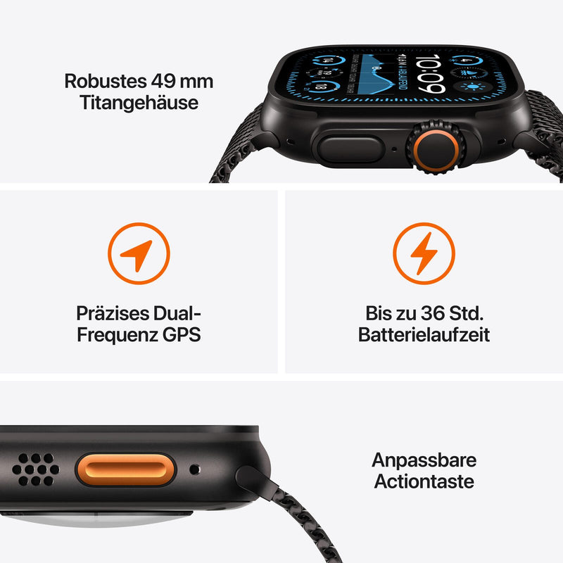 Apple Watch Ultra 2 Titanium (Cellular) 49mm Titaniumgehäuse schwarz, Milanaise Titan Armband schwarz (M)