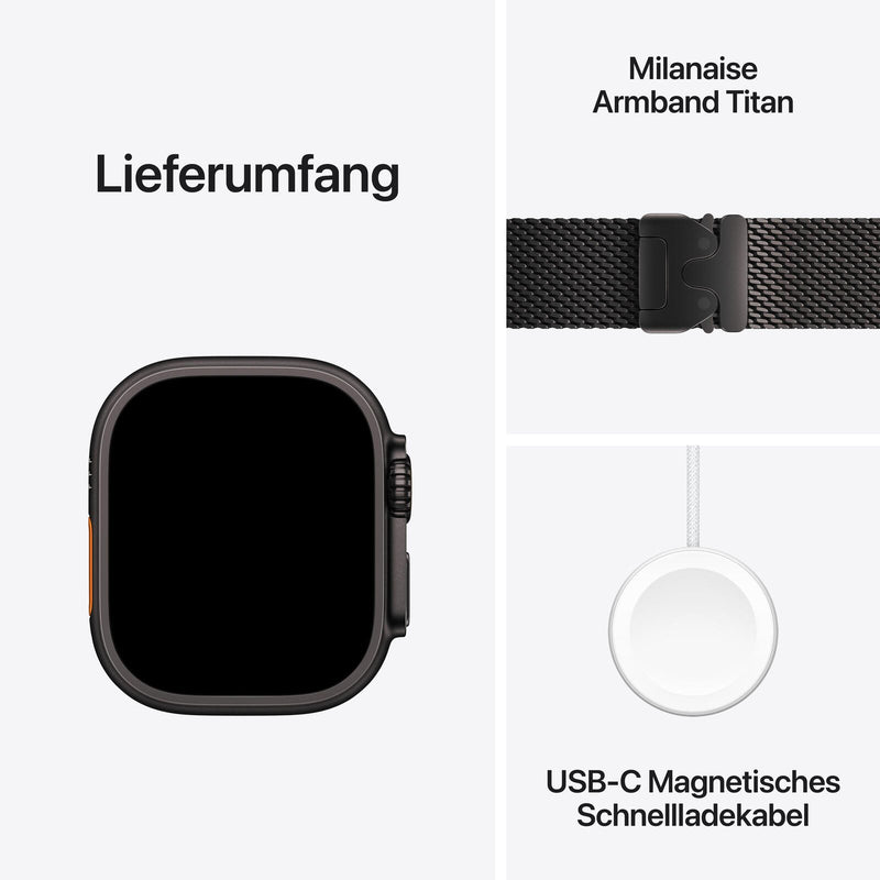 Apple Watch Ultra 2 Titanium (Cellular) 49mm Titaniumgehäuse schwarz, Milanaise Titan Armband schwarz (L)