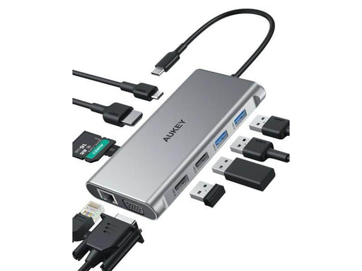 Aukey Aluminum USB-C Hub | 10 in 1 | RJ45 Ethernet 10/100/1000Mbps | 4xUSB | HDMI 4k@30Hz | SD and microSD | USB-C Power Delivery 100W