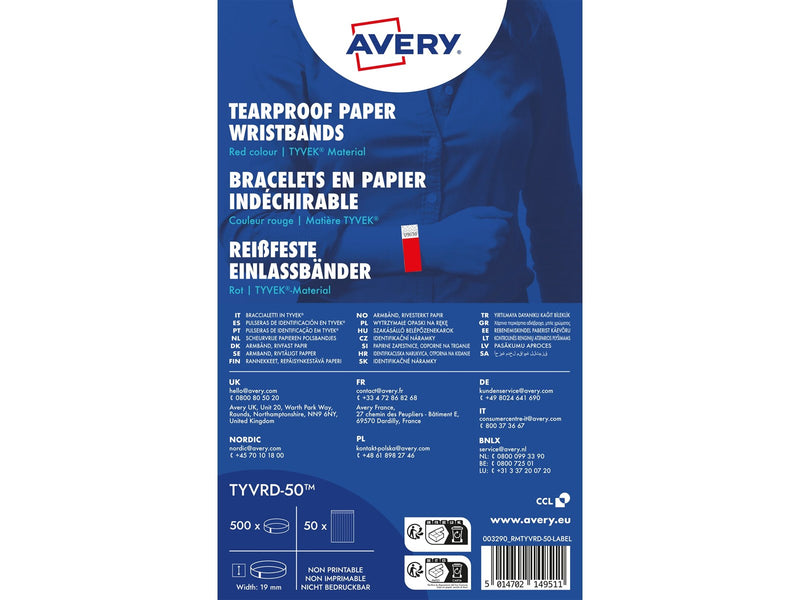 Avery Tearproof Writsbands Red Tyvek®256x19mm