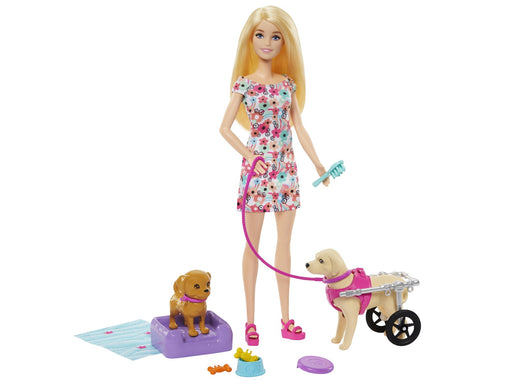 Barbie Doll with Pup and Dog in a Wheelchair