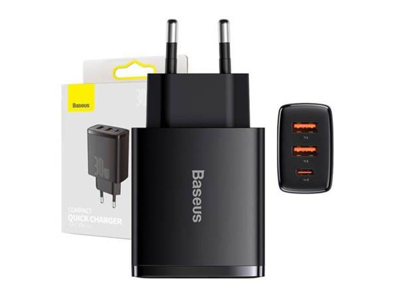 Baseus Compact Quick Charger 2 × USB-A + USB-C PD 3 A 30 W - Black