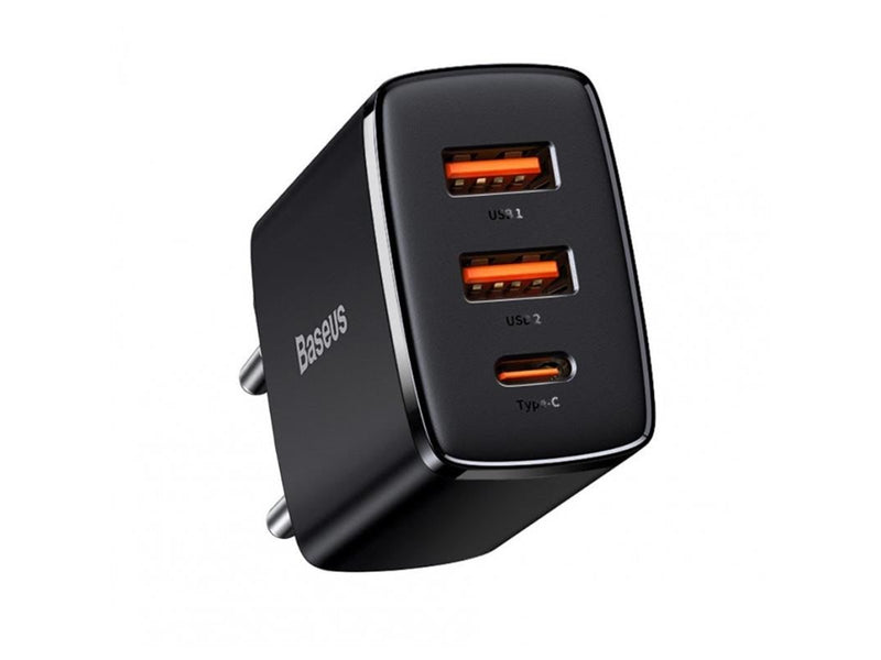 Baseus Compact Quick Charger 2 × USB-A + USB-C PD 3 A 30 W - Black