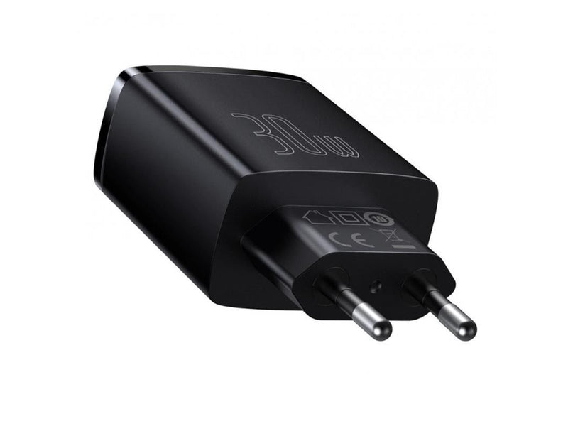 Baseus Compact Quick Charger 2 × USB-A + USB-C PD 3 A 30 W - Black