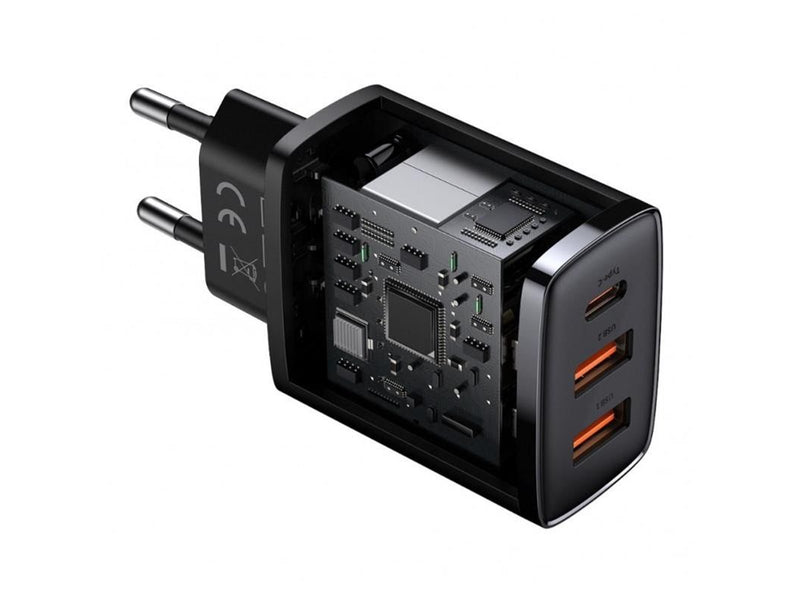 Baseus Compact Quick Charger 2 × USB-A + USB-C PD 3 A 30 W - Black
