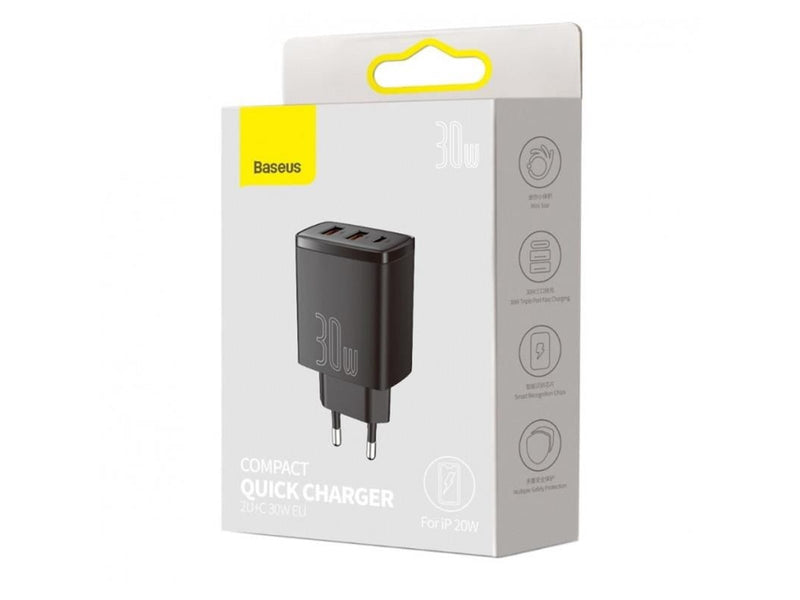 Baseus Compact Quick Charger 2 × USB-A + USB-C PD 3 A 30 W - Black