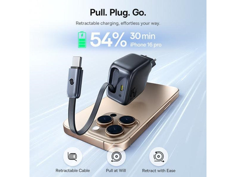 Baseus EnerCore CJ11 45W Wall Charger with USB-C Port and Retractable USB-C Cable - Black