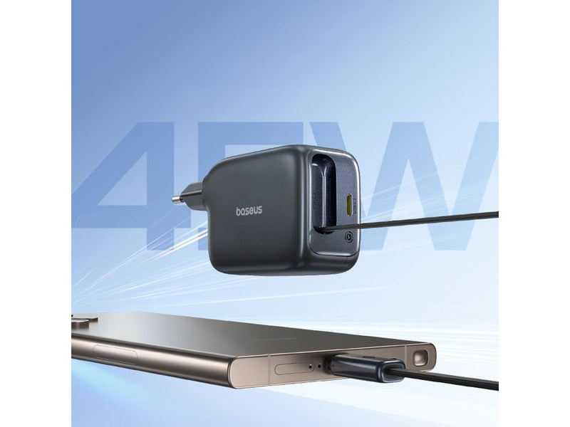 Baseus EnerCore CJ11 45W Wall Charger with USB-C Port and Retractable USB-C Cable - Black