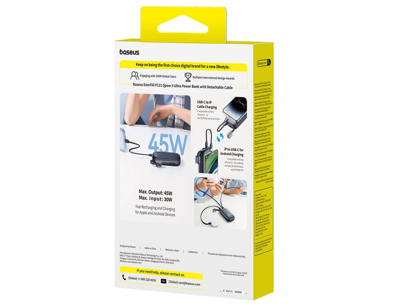 Baseus EnerFill FC21 Qpow 3 Ultra 10000mAh 45W Power Bank with Attached Lanyard Cable - Black - 10000 mAh