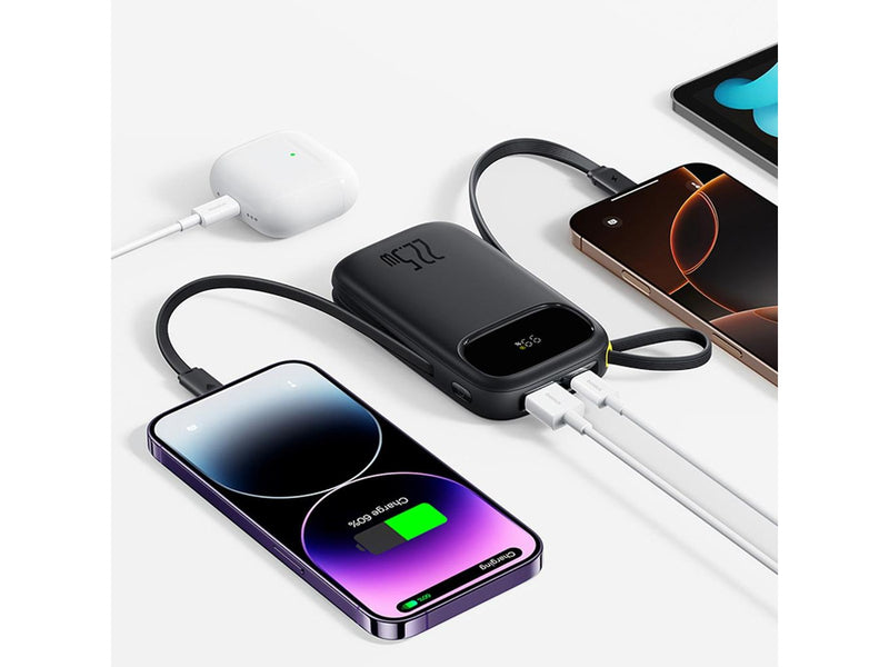 Baseus EnerFill FC31 10000mAh 22.5W Powerbank with Digital Display and 2 Built-in Cables (USB-C + Lightning) - Black - 10000 mAh