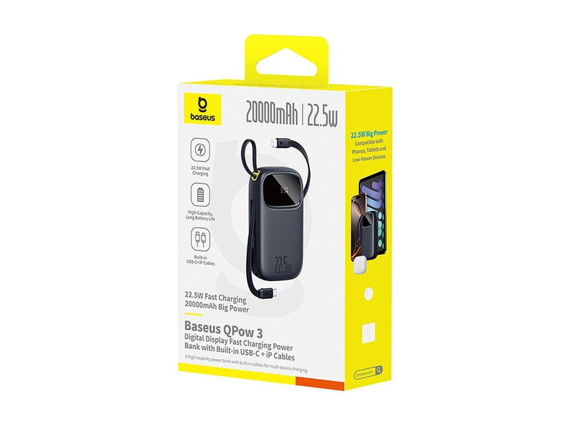 Baseus EnerFill FC31 20000mAh 22.5W Powerbank with Digital Display and 2 Built-in Cables (USB-C + Lightning) - Black - 20000 mAh