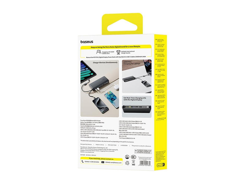 Baseus EnerFill FC41 25000mAh 145W Power Bank with Digital Display and Built-in Dual USB-C Cable - Black - 25000 mAh