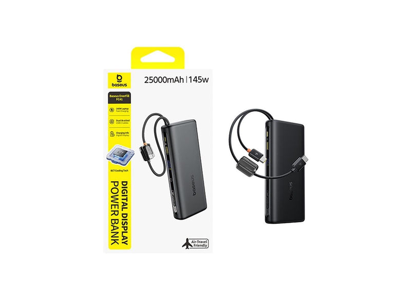 Baseus EnerFill FC41 25000mAh 145W Power Bank with Digital Display and Built-in Dual USB-C Cable - Black - 25000 mAh