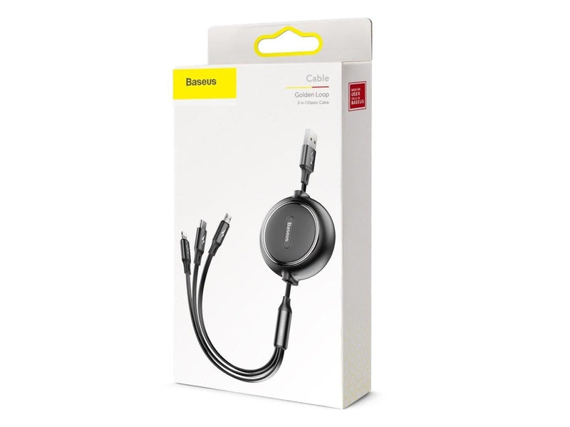 Baseus Golden Loop 3in1 extendable cable USB - micro USB / Lightning / USB-C 3.5A 35cm - 120cm black (CAMLT-JH01)