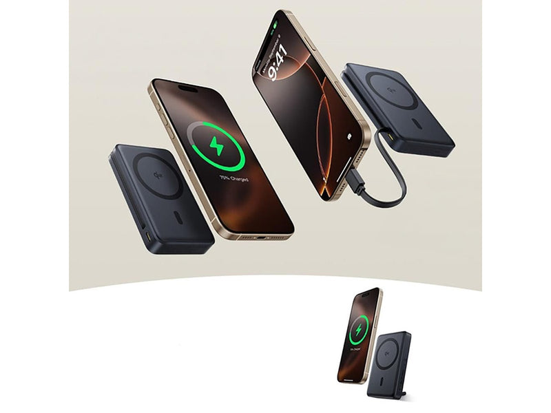 Baseus Nomos 10000mAh 30W Qi2 Power Bank with MagSafe Compatible Stand with Built-in USB-C Cable - Black - 10000 mAh