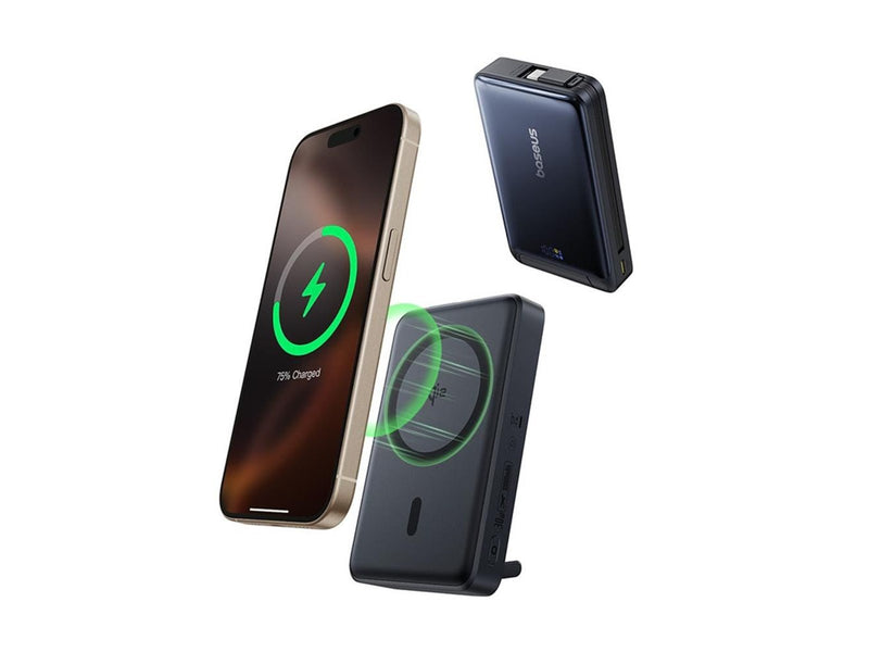 Baseus Nomos 10000mAh 30W Qi2 Power Bank with MagSafe Compatible Stand with Built-in USB-C Cable - Black - 10000 mAh