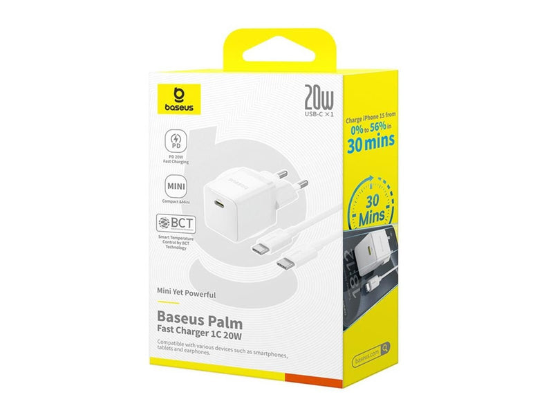 Baseus Palm 1C 20W Wall Charger (with  Mini White USB-C 60W (20V/3A) 1m Cable) - White