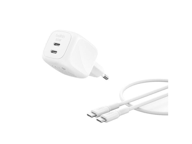 Belkin BoostCharge 50W Dual USB-C PD Wall Charger w/ PPS WHT w 1m USB-C-C  Cabl