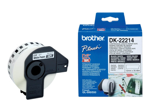 Brother DK-22214 Continuous Paper Label Roll – Black on White 12mm wide
