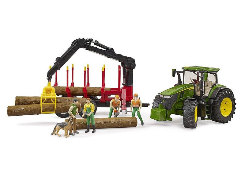 Bruder John Deere 7R 350 with forestry trailer and 4 trunks