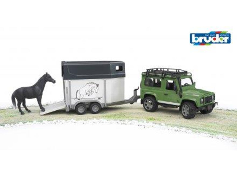 Bruder  Land Rover Defender Station Wagon with horse trailer and horse toy