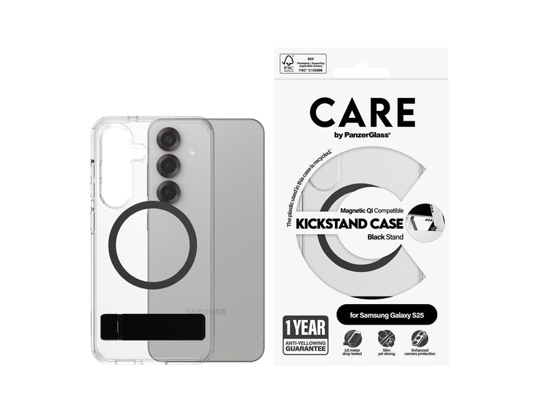 CARE by PanzerGlass Feature Case Transparent w. Black Kickstand & QI Compatible Samsung Galaxy S25