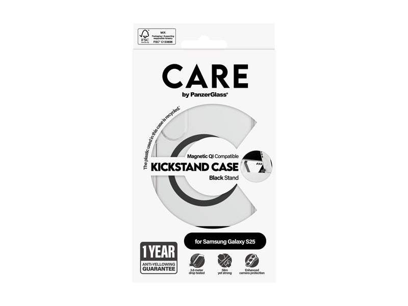 CARE by PanzerGlass Feature Case Transparent w. Black Kickstand & QI Compatible Samsung Galaxy S25