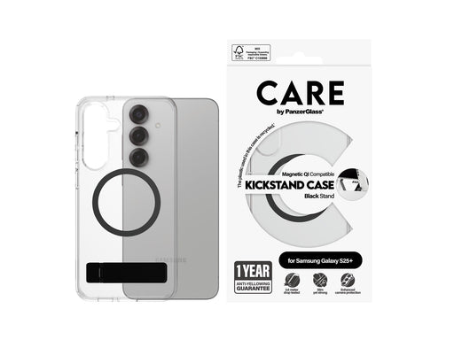 CARE by PanzerGlass Feature Case Transparent w. Black Kickstand & QI Compatible Samsung Galaxy S25+