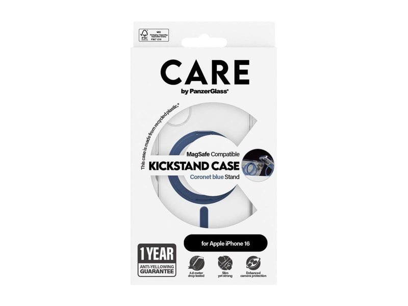 CARE by PanzerGlass Feature Case Transparent w. Blue Kickstand & MagSafe iPhone 16