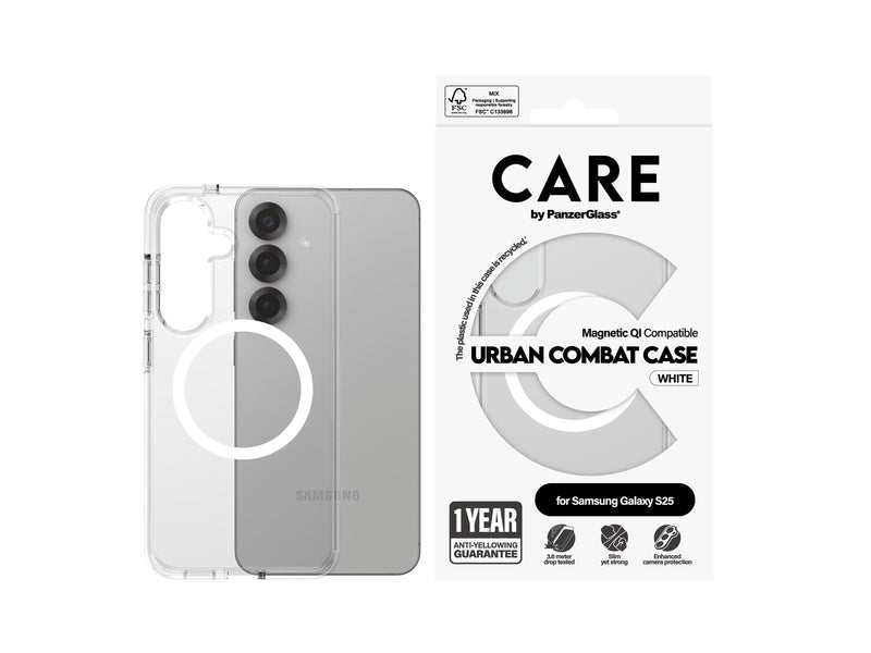 CARE by PanzerGlass Flagship Case Transparent Urban Combat w. White QI Compatible Samsung Galaxy S25