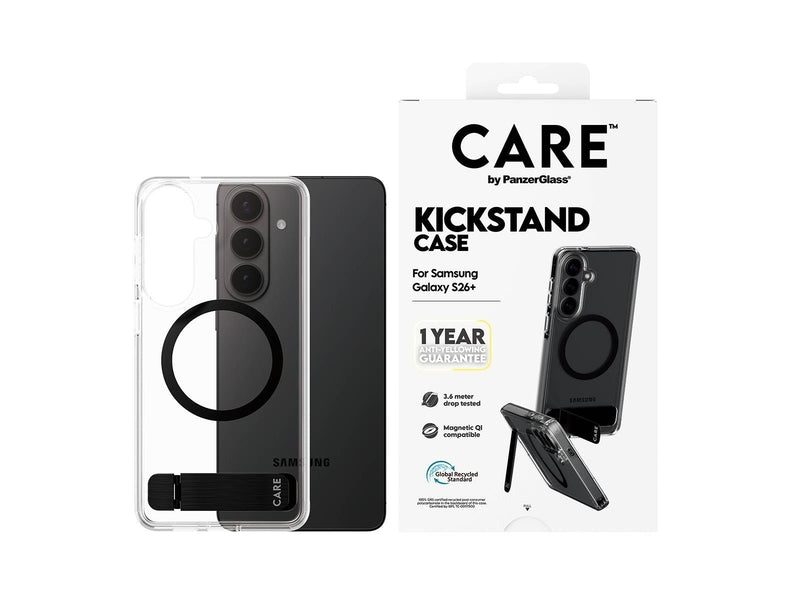 CARE by PanzerGlass Urban Explorer Case Transparent w. Black Kickstand & Qi Samsung Galaxy S26+