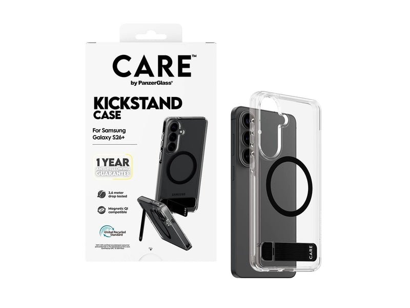 CARE by PanzerGlass Urban Explorer Case Transparent w. Black Kickstand & Qi Samsung Galaxy S26+